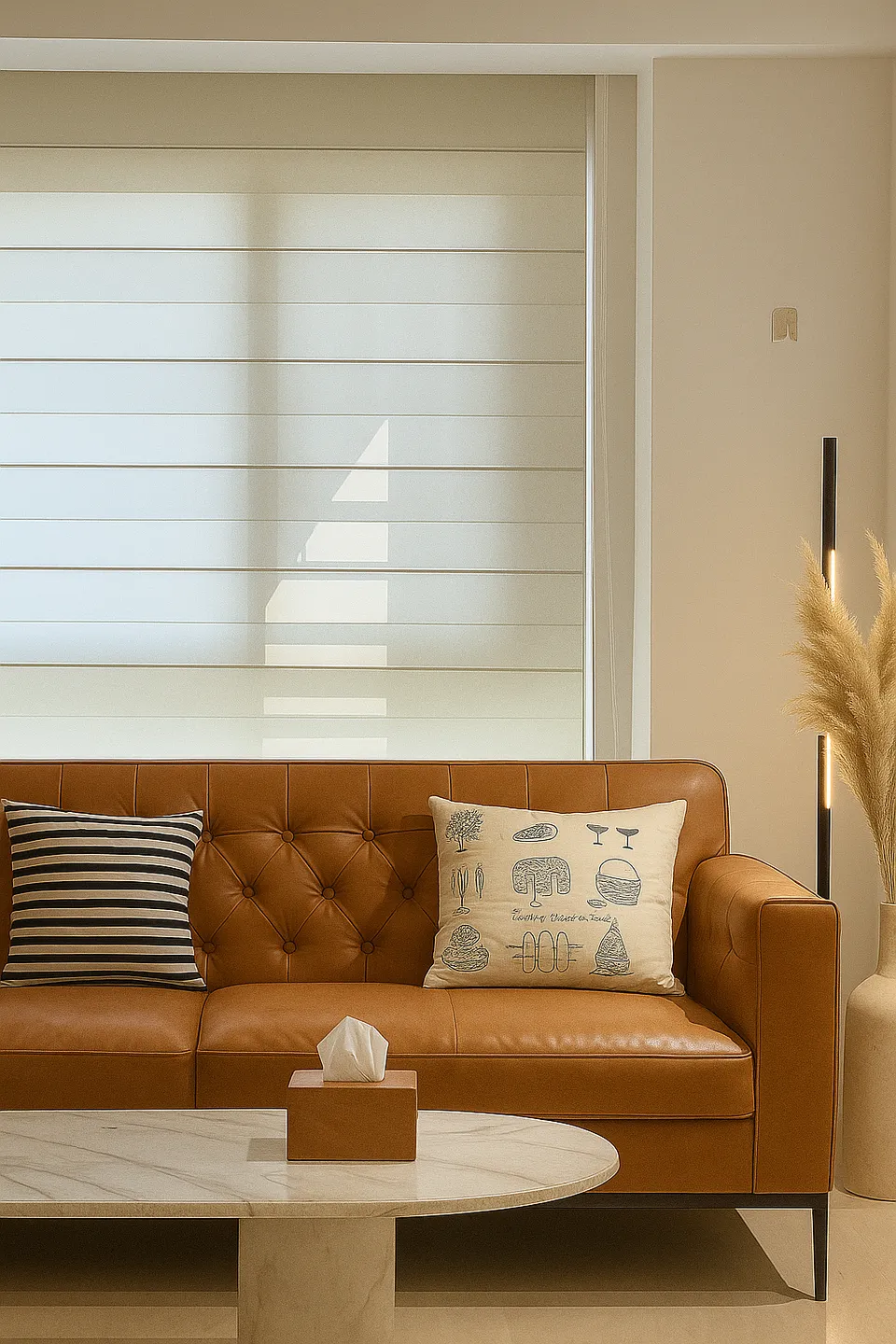Soft indoor blinds in a furnished room