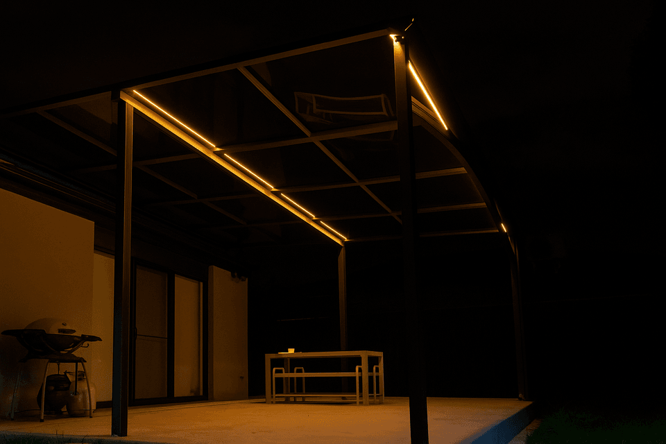 Warm LED lights creating a patio evening ambience