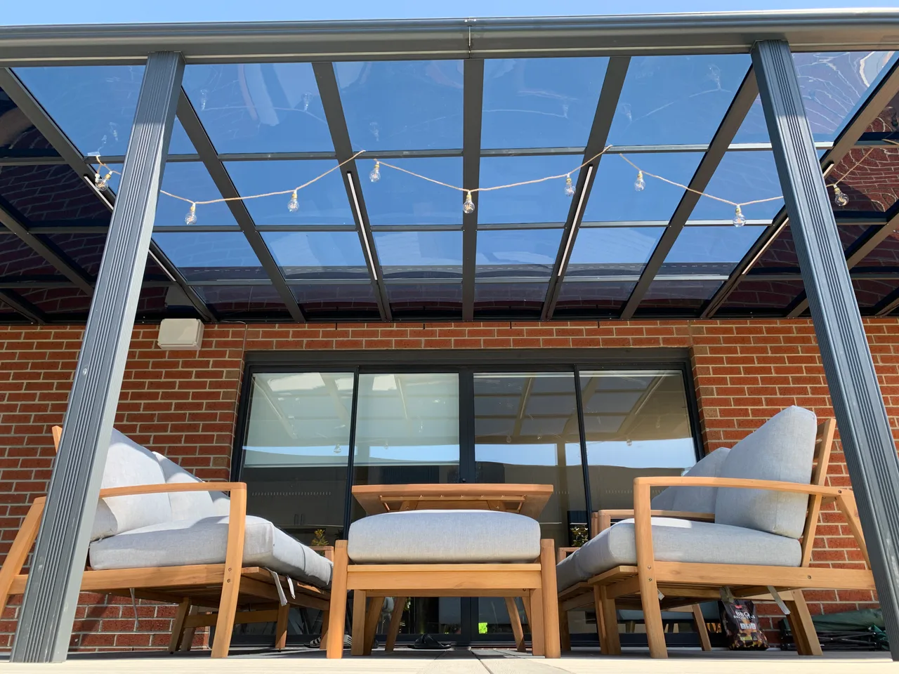 Front supports, Clearview roof frame and adjoining glazed living-room opening in Keysborough