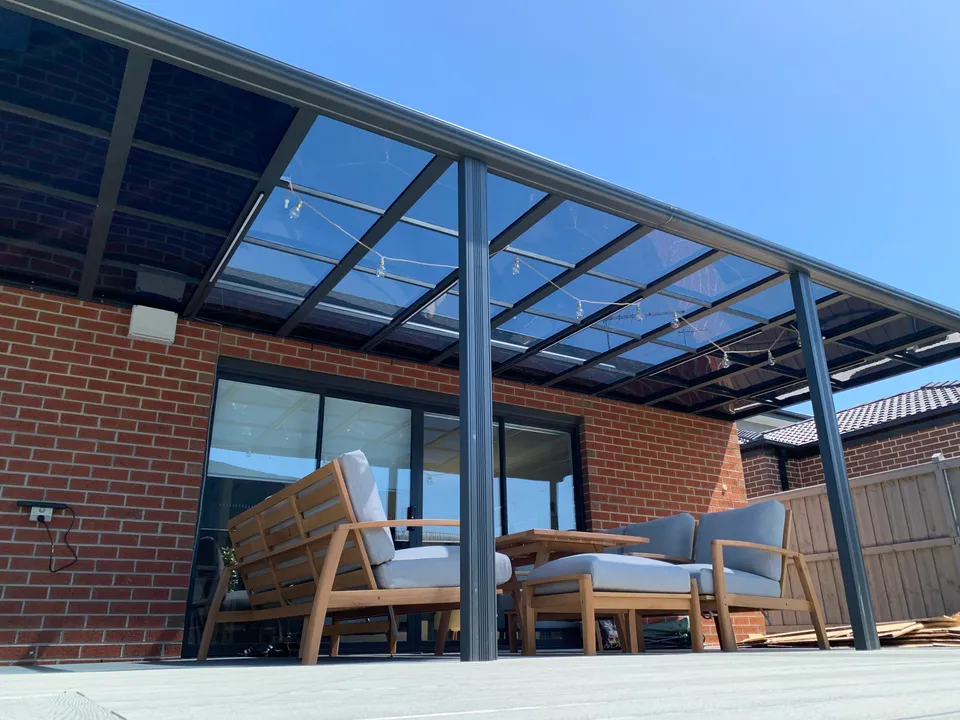 Front support posts and roof edge on the completed Keysborough Clearview Patio