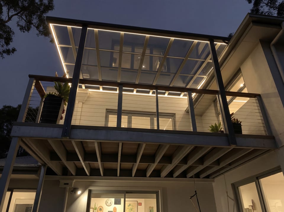 Warm LED outdoor lighting under a patio cover patio roof