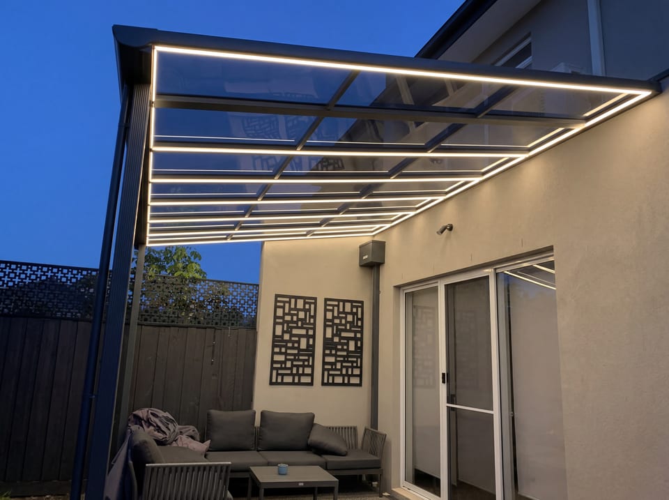 Integrated outdoor lighting under a Clearview roof