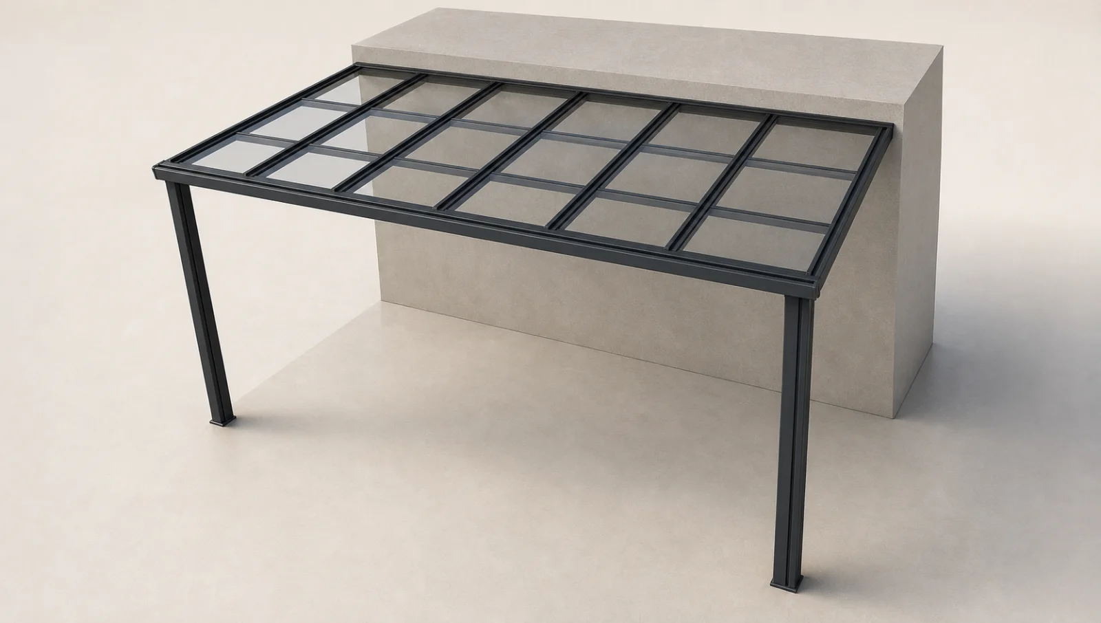 Architectural render of a house-attached Clearview patio roof with transparent panels, charcoal framing and two front support posts