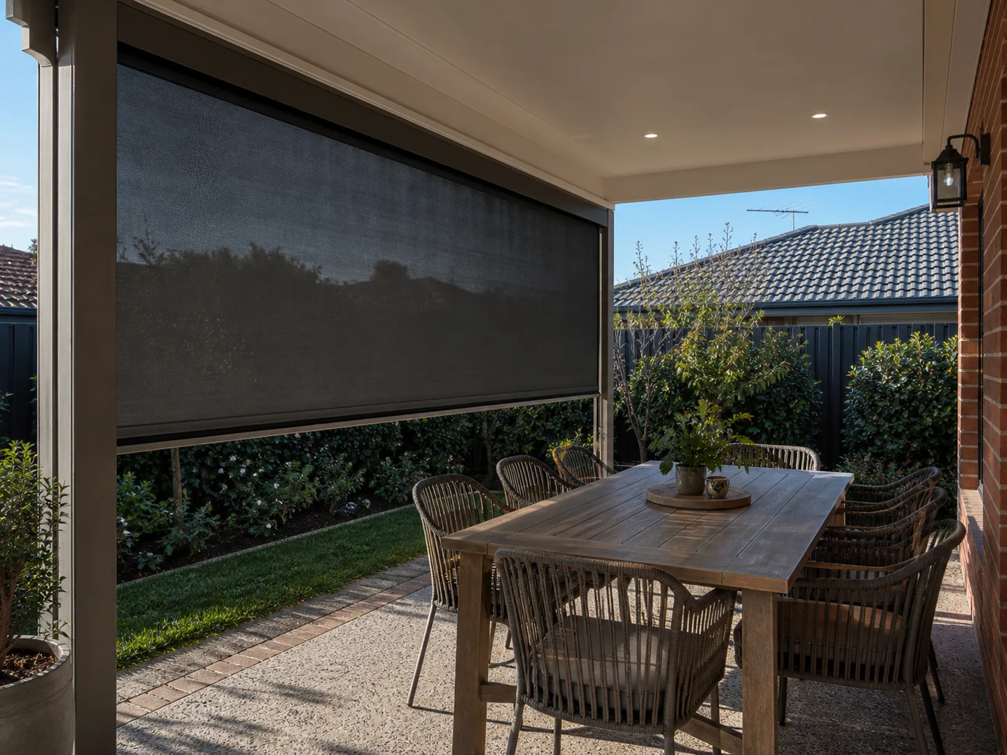 Outdoor blinds used around a pergola dining area